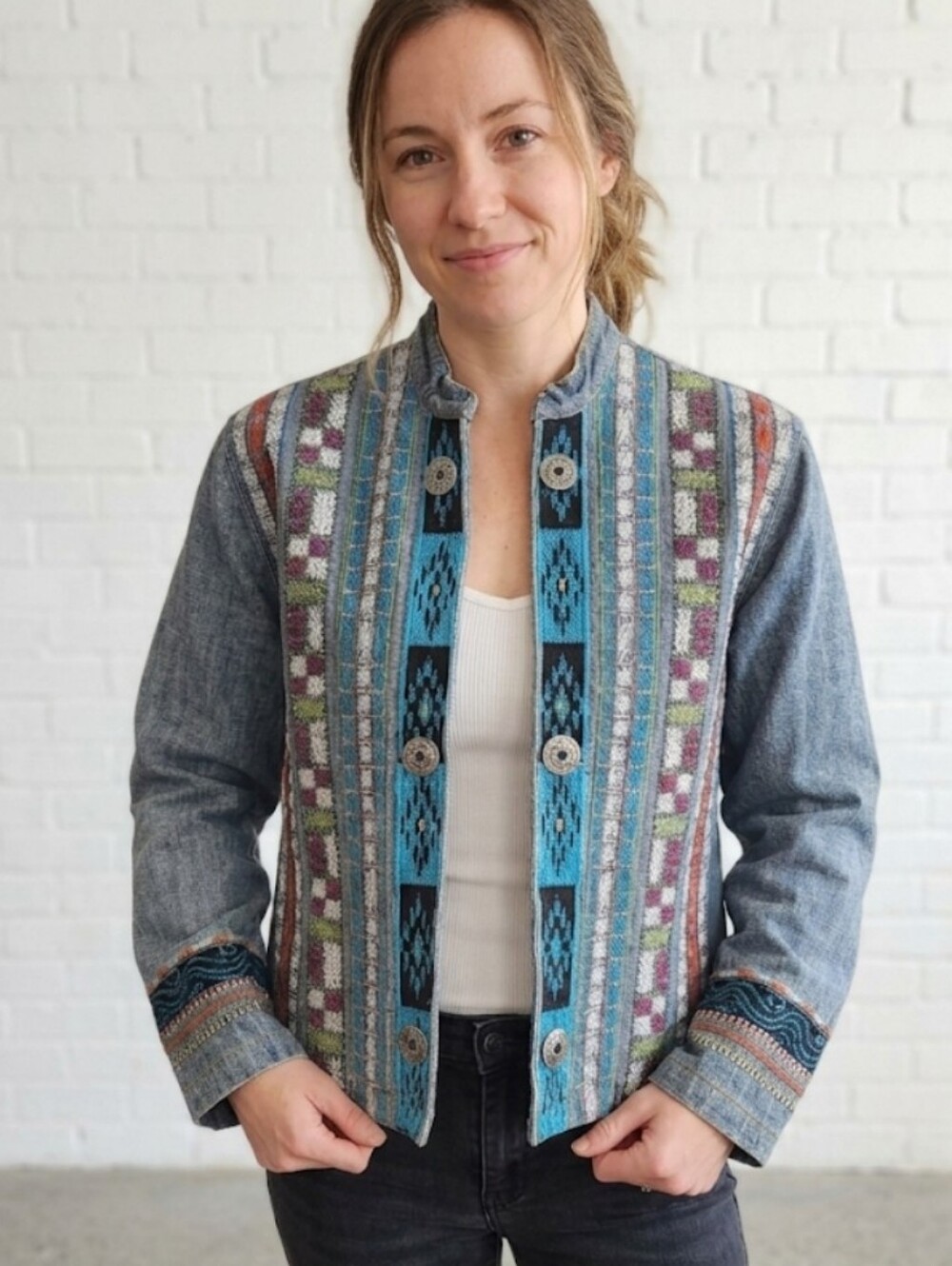 CHICO'S Embroidered Open Front Denim Jacket Southwestern Boho Size 0 (US‎ S)